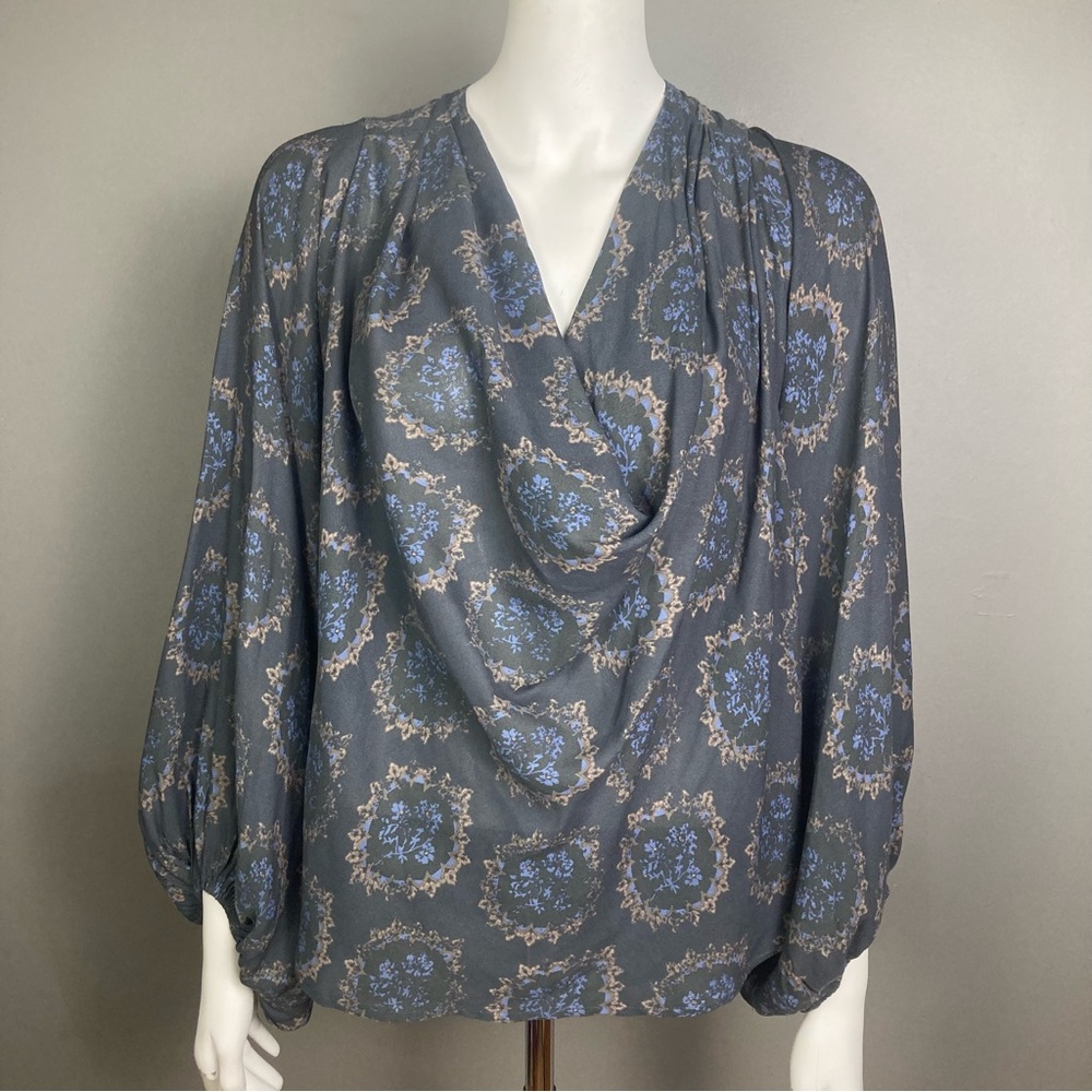 Free People blouse large boho drape low cowl neck gray floral blousy sleeve poet